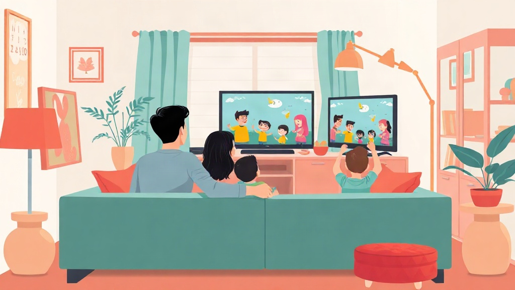 Family watching cartoons together in a cozy living room