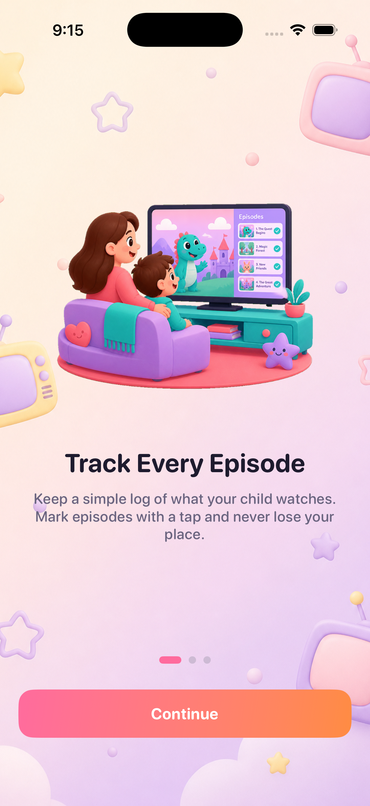 Onboarding screen showing episode tracking